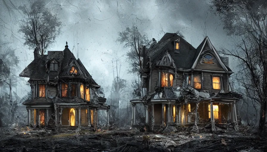 Image similar to old cracked damaged victorian house in the mud, dark forest, hyperdetailed, artstation, cgsociety, 8 k