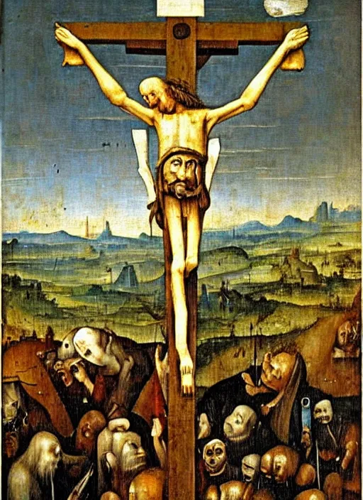 Image similar to Bored Ape nailed to the Cross by Hieronymus Bosch, day time sky, surreal oil painting, highly detailed, dream like, masterpiece