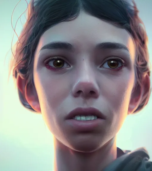 Image similar to highly detailed macro shot of a female portrait with a look of disgust, unreal engine, loish, rhads, makoto shinkai and tom bagshaw, reflective global illumination, god rays, detailed and intricate environment