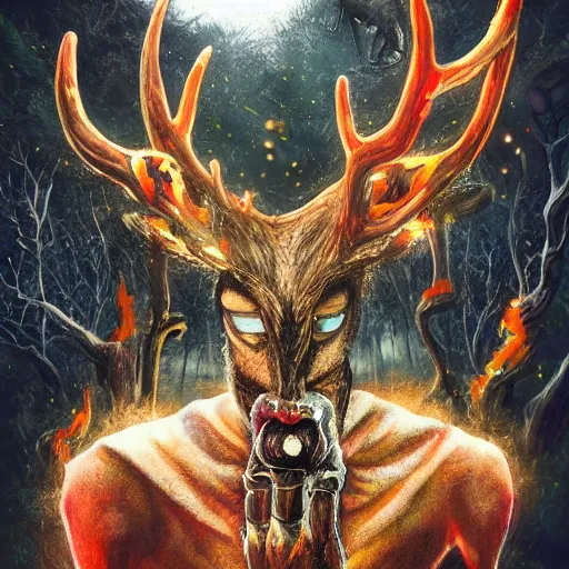 Image similar to 4 k headshot portrait of a psychedelic demonic anthropomorphic deer - horned wendigo smoking a hand - rolled cigarette smoking heavily, magic mushroom village in background. award winning. superb resolution. in the art style of junji ito and greg rutkowski. detailed mushroom city in background. hyper realistic anime. perfect art. dalle 2