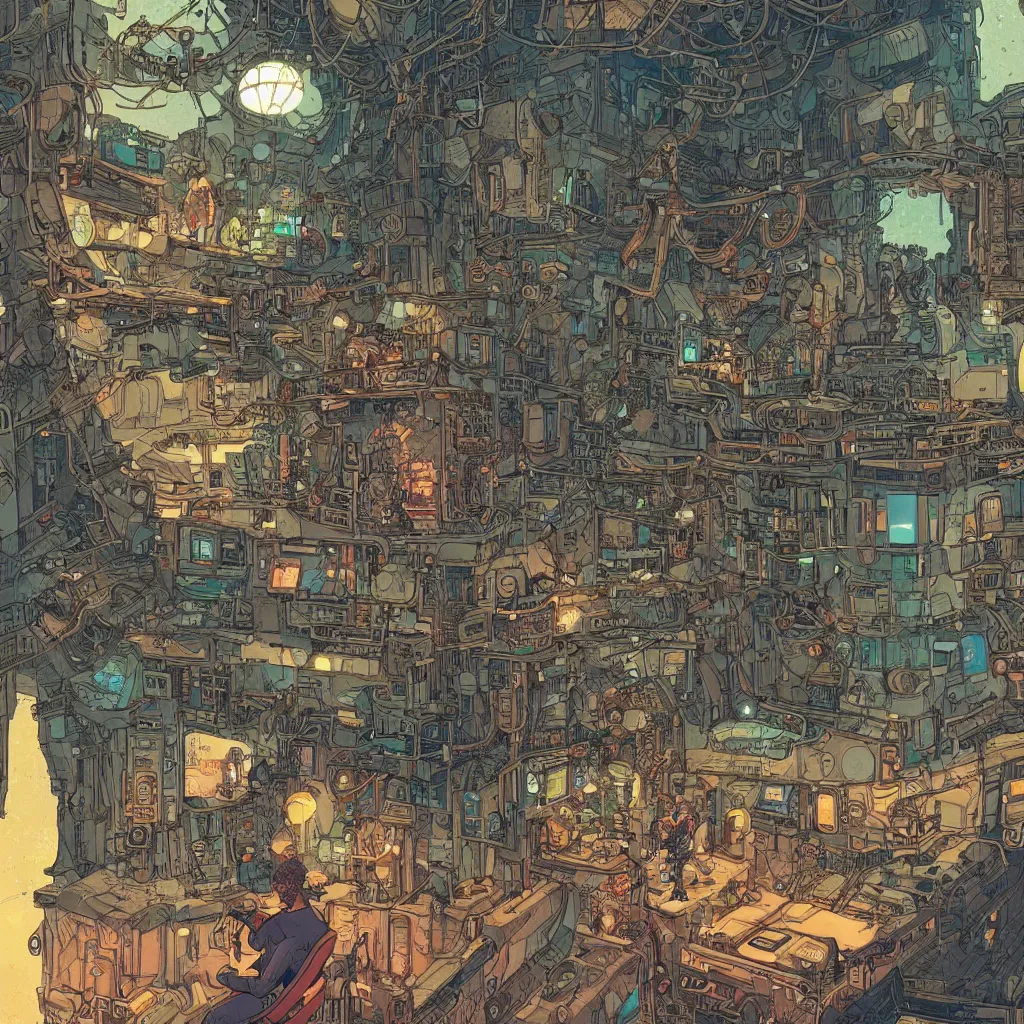 Image similar to Stunningly intricate illustration of a cyberpunk explorer playing video games in his treehouse, highly detailed, midnight, by Victo Ngai and James Gilleard , Moebius, Laurie Greasley