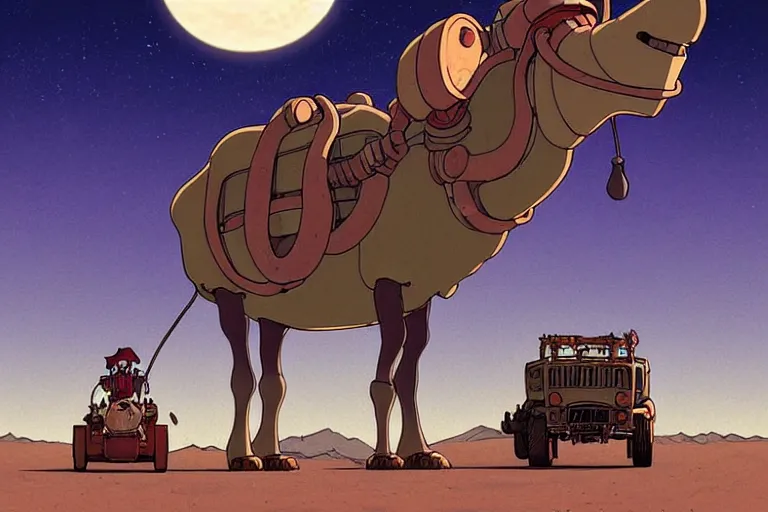 Prompt: a cell shaded cartoon of a lovecraftian mechanized camel from howl's moving castle ( 2 0 0 4 ), on a desert road, in front of a full moon, full body, wide shot, very muted colors, post grunge, studio ghibli, laurie greasley, highly detailed, deviantart, art by artgem