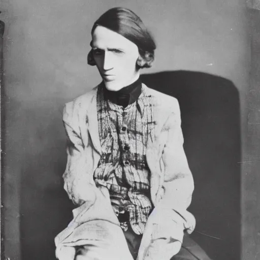 Prompt: Photograph of a young anorexic 1930s outcast man with very long hair and extravagant clothes