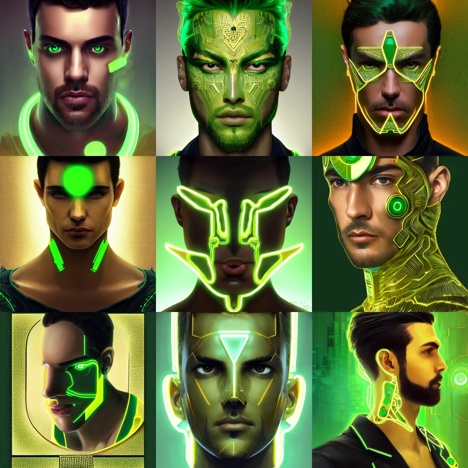 Prompt: symmetry!! masculine brazilian man, computer parts embedded into face, intricate, elegant, highly detailed, digital painting, artstation, concept art, smooth, sharp focus, gold neon green, cyberpunk, illustration, art by artgerm and greg rutkowski and alphonse mucha, 8 k