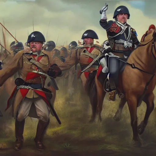 Prompt: found footage of general boris johnson leading his men into battle, glorified image, 8k, oil painting , silly mustache