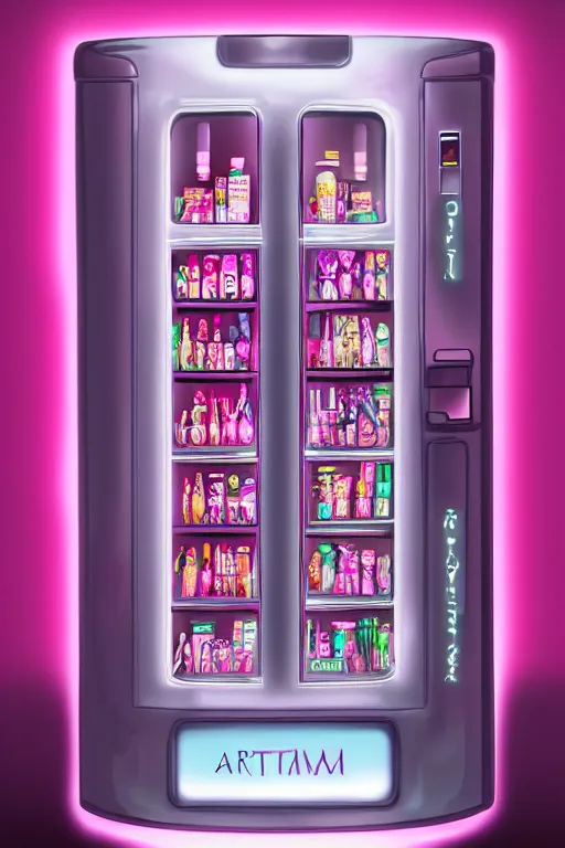 Image similar to Pink Vapor Vial Vending Machine, fantasy, magic, ultra detailed, digital art, trending on artstation, illustration