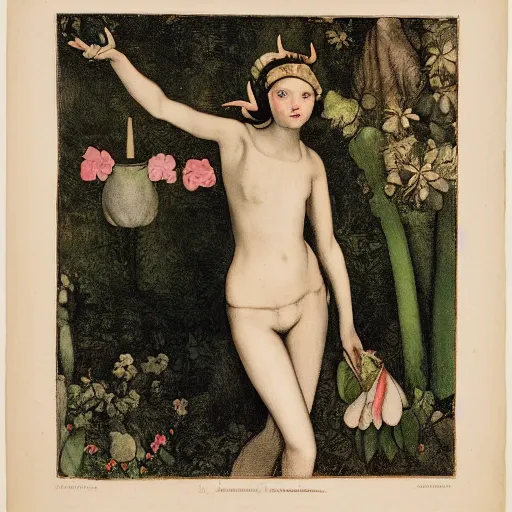 Prompt: portrait of a harpy girl with antlers changing into a flower in a botanical garden, fashion editorial by hans holbein, alexej von jawlensky, clifford judson huss, full body