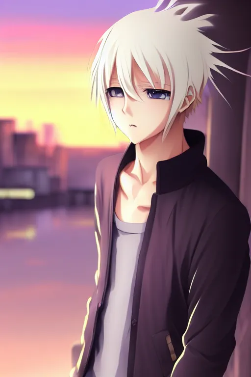 Prompt: anime art full body portrait character concept art, anime key visual of young male warror, platinum blonde straight bangs and large eyes, finely detailed perfect face delicate features directed gaze, standing on a bridge during sunset, trending on pixiv fanbox, studio ghibli, extremely high quality artwork