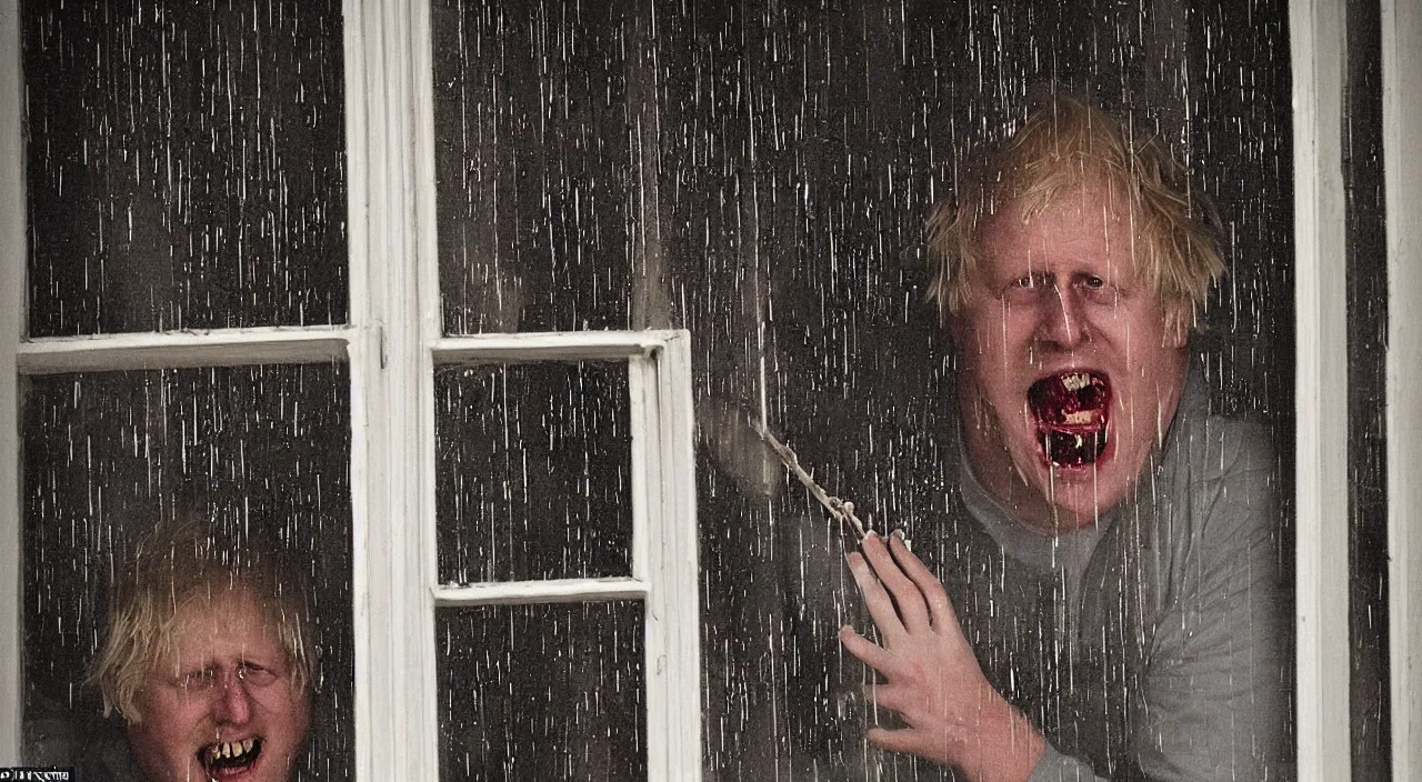 Prompt: a zoomed out photo taken from the inside of an old house, showing window blinds being pulled back to reveal a terrifying boris johnson his unhinged face pressed against the window and his bloody hands placed on the window, horrifying grin. horror, raining, night time