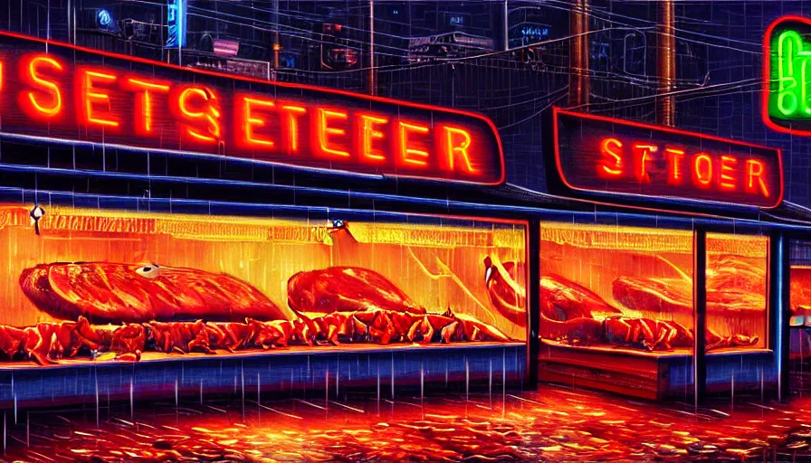 Image similar to painting of a neon sign storefront meat butcher shop, raining, busy street, cyberpunk, romantisism, outrun, synthwave, painting, detailed, by android jones