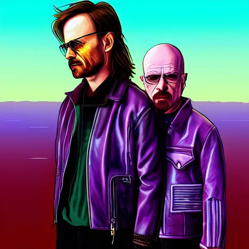 Image similar to walter white riding jesse pinkman, and a purple coloured leather jacket, one side haircut, long brown hair with light blue ends, portrait, hyperdetailed, artstation, cgsociety, synthwave by tangerine dream, by jean - michel jarre, by vangelis, by john carpenter
