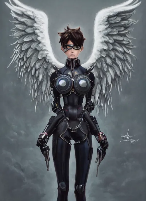 Image similar to full body artwork of tracer overwatch wearing leather collar in style of zdzisław beksinski, angel wings, dramatic painting, symmetrical composition, wearing detailed leather collar, black shiny armor, chains, black harness, detailed face and eyes,