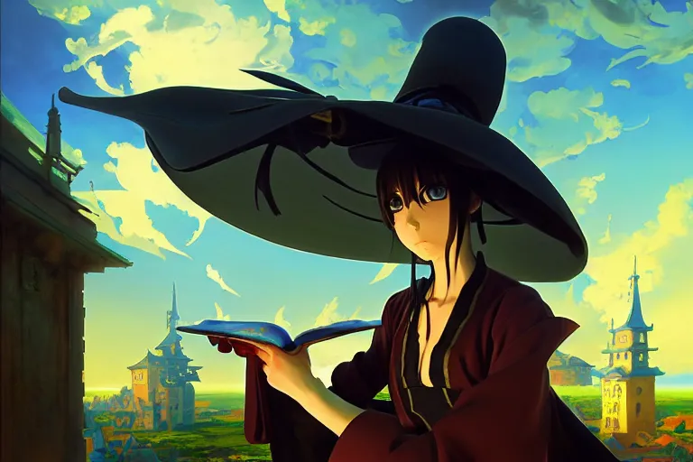 Image similar to baroque oil painting of anime key visual environment concept art of anime girl magician with big hat casting magic, brutalist, dark fantasy, rule of thirds, fake hidden detail, trending on pixiv fanbox, acrylic palette knife and brush, style of makoto shinkai studio ghibli genshin impact jamie wyeth james gilleard greg rutkowski