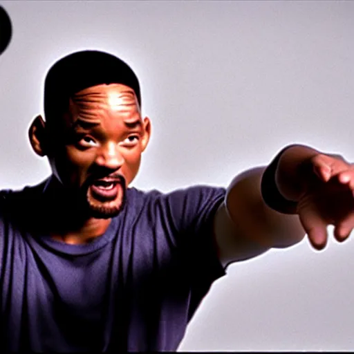 Image similar to will smith slapping a wall with his giant hand. training montage, movie still, cinematic lighting, 3 5 mm film.