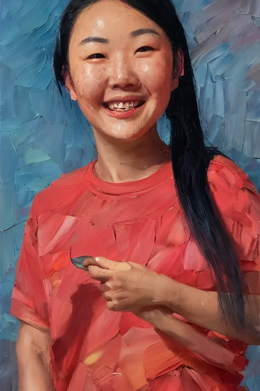 Image similar to palette knife oil painting portrait of jiahao jaja zhang is a podgy, ever - smiling follower. extreme detail, any racial background, artstation trending, artgerm, deviant art, octane, substance, art history 8 k