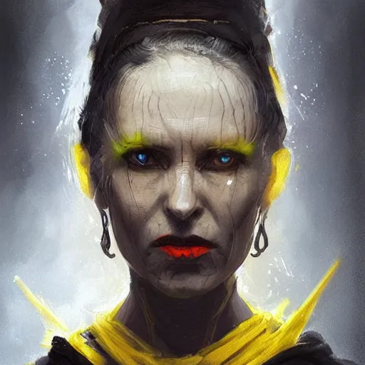 Image similar to portrait of a woman by greg rutkowski, a woman with yellow skin, black lips wearing black robes and a hodd, evil energy, star wars expanded universe, she is about 6 0 years old, highly detailed portrait, digital painting, artstation, concept art, smooth, sharp foccus ilustration, artstation hq