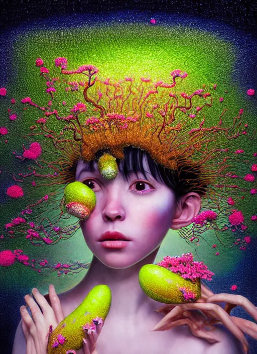 Image similar to hyper detailed 3d render like a Oil painting - kawaii portrait Aurora (black haired Fae) seen shocked and Eating of the Strangling network of yellowcake aerochrome and milky Fruit and Her delicate Hands hold of gossamer polyp blossoms bring iridescent fungal flowers whose spores black the foolish stars by Jacek Yerka, Mariusz Lewandowski, Houdini algorithmic generative render, Abstract brush strokes, Masterpiece, Edward Hopper and James Gilleard, Zdzislaw Beksinski, Mark Ryden, Wolfgang Lettl, hints of Yayoi Kasuma, octane render, 8k