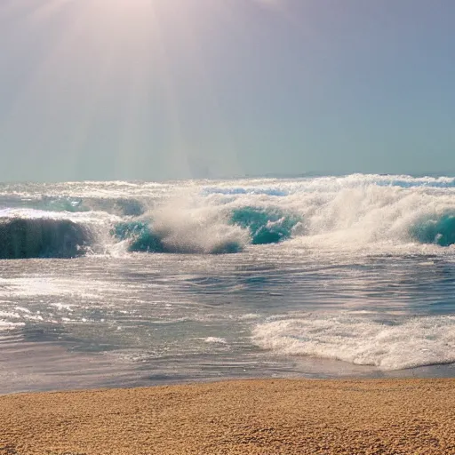 Prompt: captured image of a sun-dog, ocean, white sand, crashing surf (foam, rocks), tranquil, calming, nostalgic