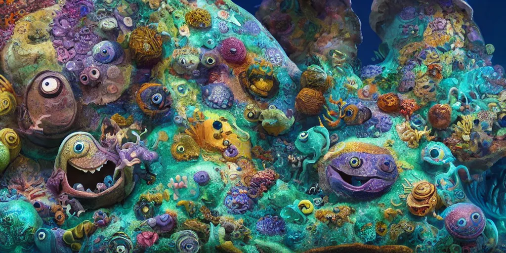 Image similar to of an intricate sea reef with strange cute friendly happy creatures with huge eyes, mouth, long tongue, round teeth and goofy face, appearing from the background, in the style of gehry and gaudi, macro lens, shallow depth of field, ultra detailed, digital painting, trending artstation, concept art, illustration, cinematic lighting, photorealism, epic, octane render