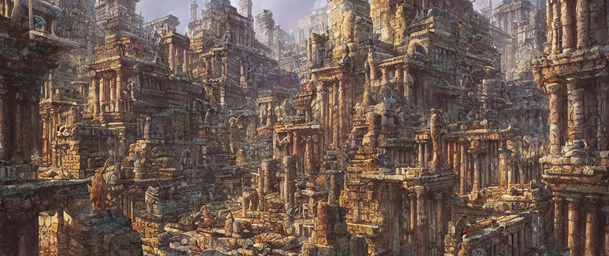 Prompt: a beautiful and highly detailed digital painting of an ancient city with stone statues of Feline Gods by Marc Simonetti and Daniel Merriam | graphic novel, illustration:.4