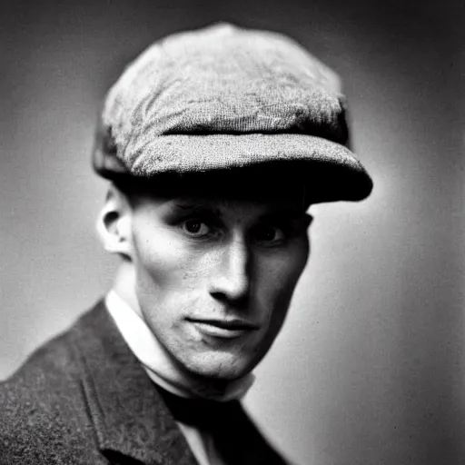 Image similar to A photograph portrait of Jerma985 wearing a newsboy cap in the early 1900s, taken in the early 1900s, grainy, taken on a early 1900s Kodak Camera, realistic, hyperrealistic, very realistic, highly detailed, very detailed, extremely detailed, detailed, digital art, trending on artstation