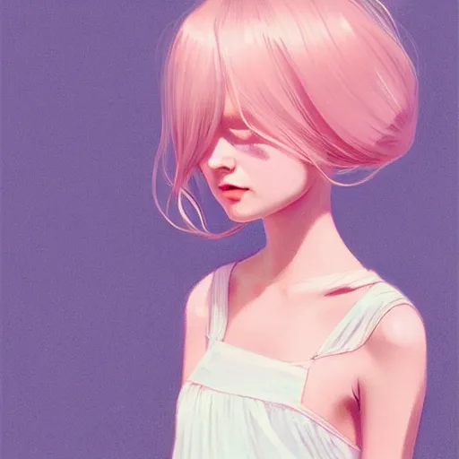 Image similar to young girl in summer dress art, pastel light pink long hair, muted colors, matte print, pastel colors, ornate, digital art, digital painting, fan art, elegant, artstation, head is centered, by Ilya Kuvshinov