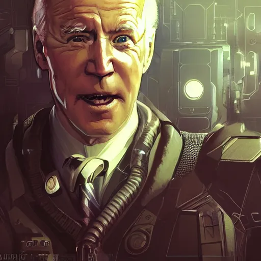 Prompt: Cyber Joe Biden in a Starcitizen loading screen, intricate, dystopian, fantasy, extremely detailed, digital painting, artstation, concept art, smooth, sharp focus, illustration, stark lighting, incredible art by artgerm and greg rutkowski and alphonse mucha and simon stalenhag