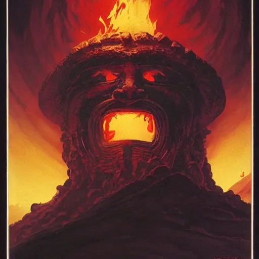 Prompt: head and shoulders portrait of a black samurai fire giant, wreathed in flame, inside a volcano, d & d, fantasy, greg rutkowski, frank frazetta, alexandre chaudret, boris vallejo, michael whelan, miro petrov, hr giger, magali villeneuve, donato giancola