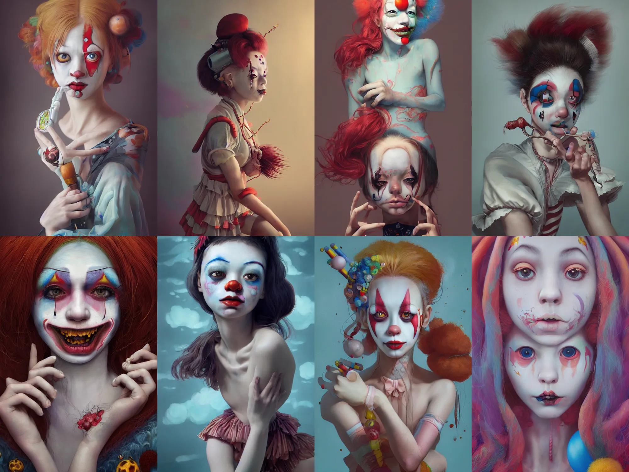 Image similar to breathtaking detailed painting of clown girl , with anxious, piercing eyes, Atari game cover art by Hsiao-Ron Cheng, James jean, Miho Hirano, Hayao Miyazaki, extremely moody lighting, hyperrealistic, octane render, RPG portrait, ambient light, dynamic lighting