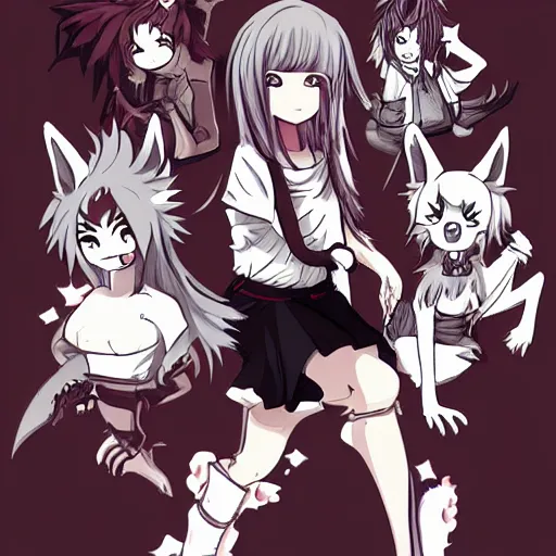 Prompt: anime werewolf, feral wolfgirl, kemonomimi, snarling, defensive, vicious