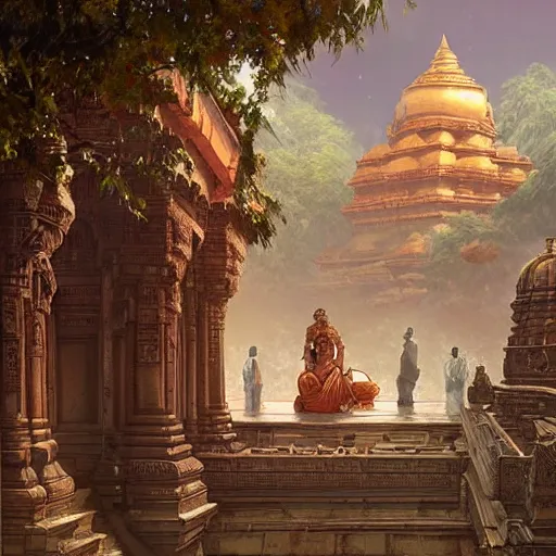 Prompt: a grand ancient Hindu temple in the middle of an ancient city, sacredness, cinematic, concept art, smooth, sharp focus, illustration, art by artgerm and greg rutkowski and alphonse mucha