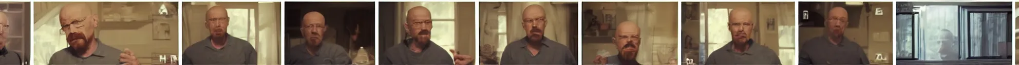 Image similar to 8 consistent frames from a video showing walter white looking around his house