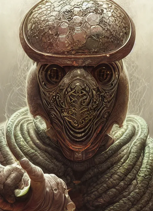 Prompt: cyber grapefruit mf doom reptile eyes, grapefruit skin, intricate, elegant, highly detailed, centered, digital painting, artstation, concept art, smooth, sharp focus, illustration, artgerm, tomasz alen kopera, peter mohrbacher, donato giancola, joseph christian leyendecker, wlop, frank frazetta