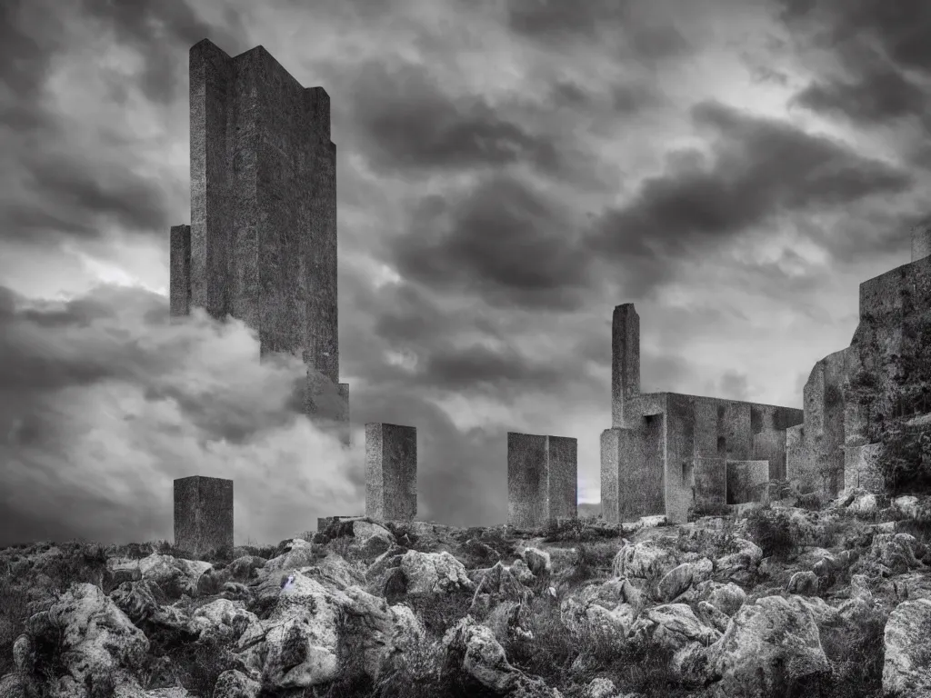 Prompt: photo of a brutalist cathedral built over a rocky hill, in the middle of a storm. realistic clouds. impressive, magical, very atmospheric, cinematic, deep, very high complexity, stunning, dramatic masterpiece, chiaroscuro, romantic, very detailed. 4 k