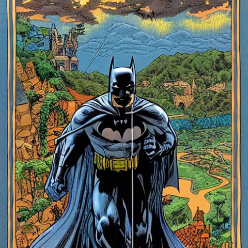 Prompt: Batman in The Shire, intricate detailed, beautiful colors and lighting, by the Brothers Hildebrandt