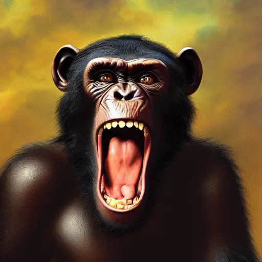 Image similar to Strong Angry Chimpanzee Screaming, Boris Vallejo, Epic, 8k resolution, ArtStation, Hyperrealistic