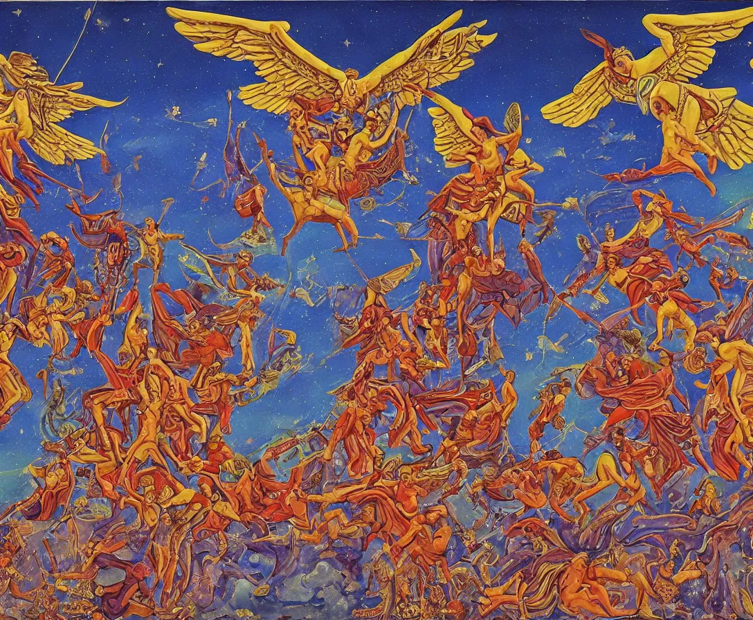 Image similar to sacred angels fighting in the skies of seattle, gouache, stylised, by mati klarwein and moebius