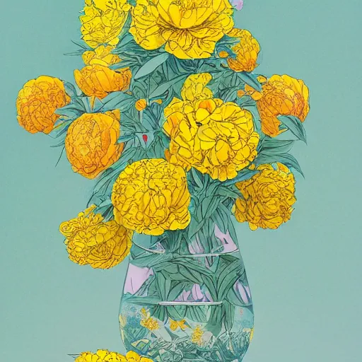 Prompt: beautiful cluster of yellow flowers, peonies, by james jean, pastel, illustration