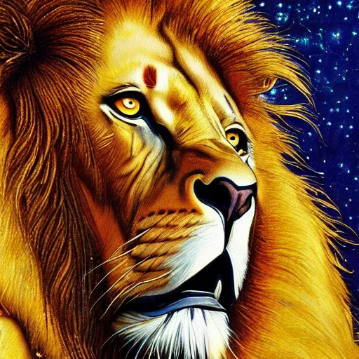 Prompt: varnished oil painting in right colors, high dynamic range, hyper realism, by katsuhiro otomo : (subject= Mystic Majestic Lion= subject detail=golden armor, high definition highly detailed) +(background= vibrant color splatters,black background)