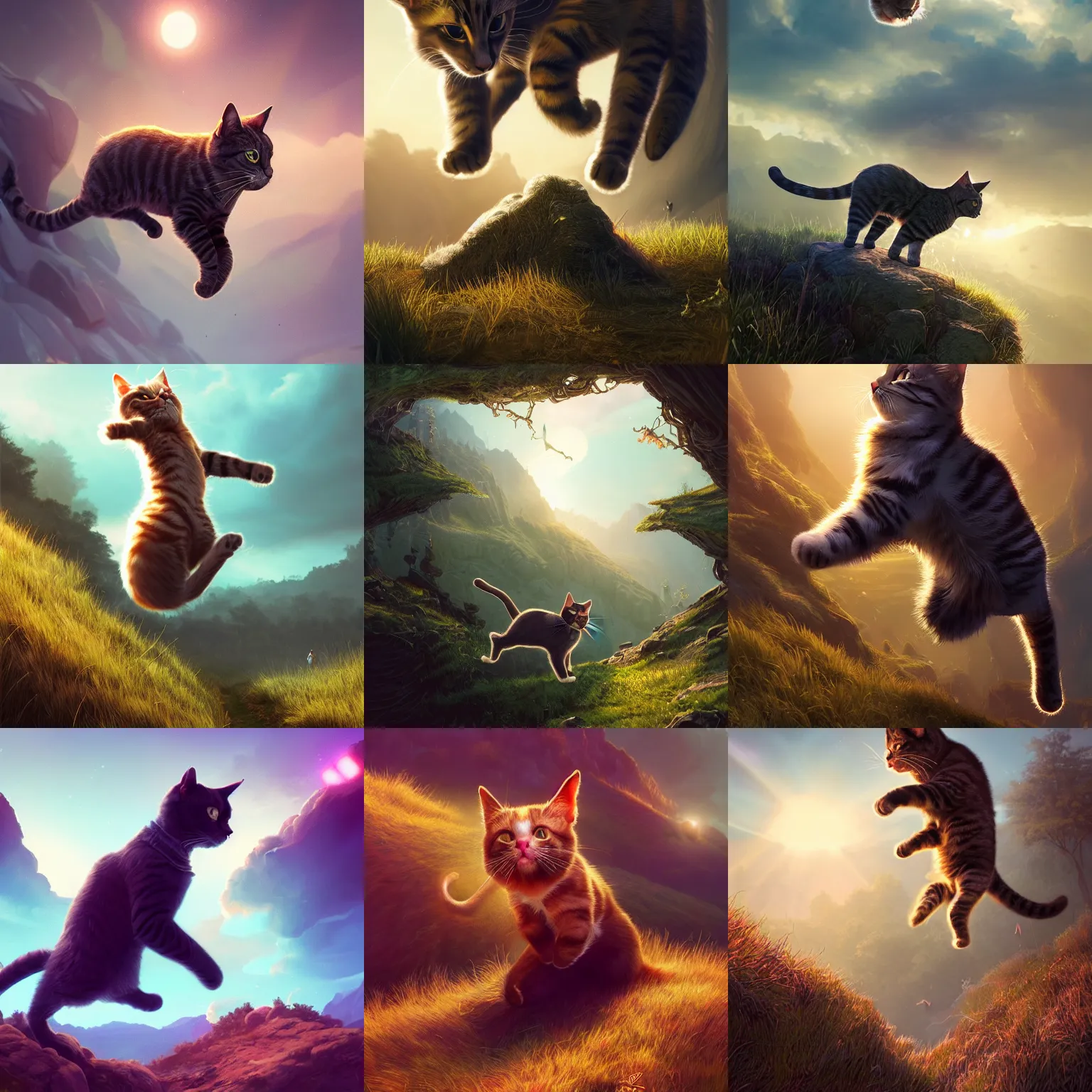 Prompt: cat jumps over hill, intricate, epic lighting, cinematic composition, hyper realistic, 8 k resolution, unreal engine 5, by artgerm, tooth wu, dan mumford, beeple, wlop, rossdraws, james jean, marc simonetti, artstation