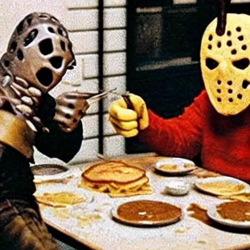 Image similar to Jason voorhees eating pancakes with Freddy Krueger