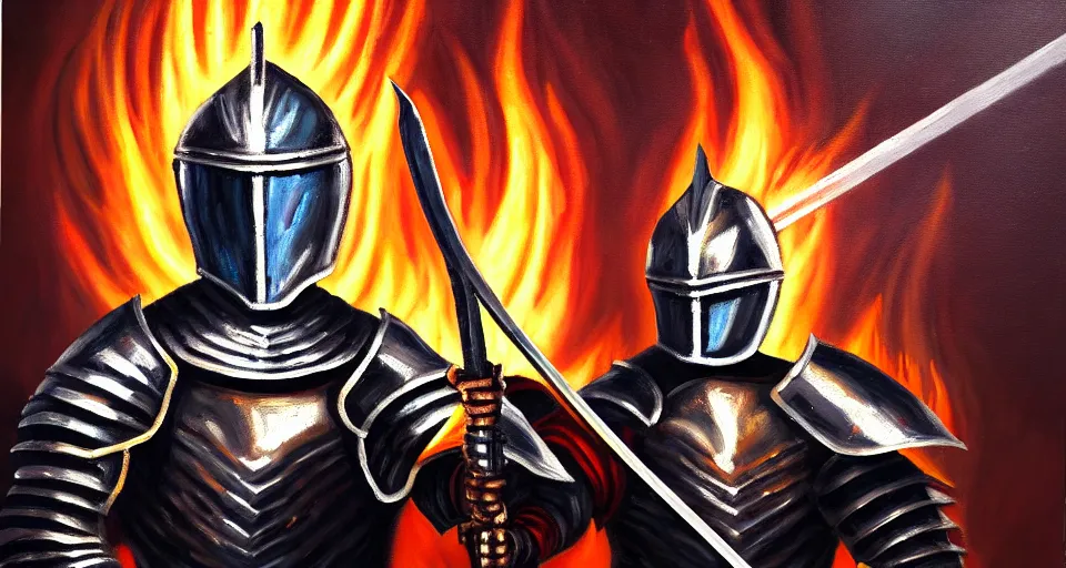 Image similar to An oil painting of a knight in dark metal armor wielding a flaming sword