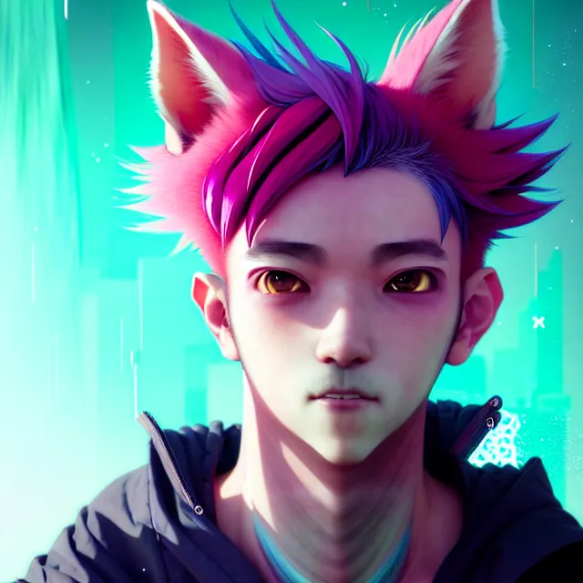 Prompt: a beautiful headshot portrait of a handsome anime male boy with pink hair and pink wolf ears and green eyes wearing cyberpunk clothes. character design by cory loftis, fenghua zhong, ryohei hase, ismail inceoglu and ruan jia. artstation, volumetric light, detailed, photorealistic, fantasy, rendered in octane