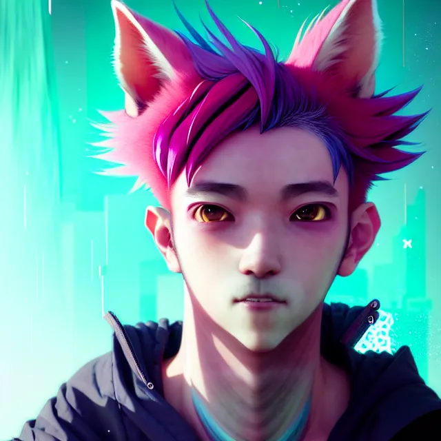 Image similar to a beautiful headshot portrait of a handsome anime male boy with pink hair and pink wolf ears and green eyes wearing cyberpunk clothes. character design by cory loftis, fenghua zhong, ryohei hase, ismail inceoglu and ruan jia. artstation, volumetric light, detailed, photorealistic, fantasy, rendered in octane