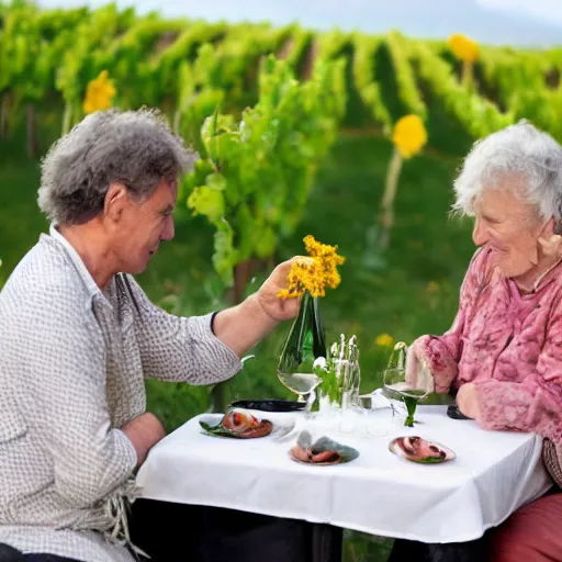 Prompt: 2 people seated at a small table with dandelions and wine, in Italy
