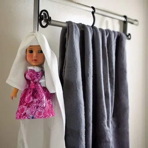 Image similar to a doll hanging, tied to a towel rack in the bathroom with a fabric belt