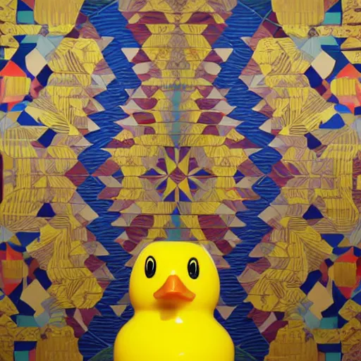 Image similar to wide shot, one! photorealistic rubber duck in foreground on a pedestal in an cavernous museum, the walls are covered floor to ceiling with colorful geometric tessellated wall paintings in the style of sol lewitt, tall arched stone doorways, through the doorways are more mural paintings in the style of sol lewitt.