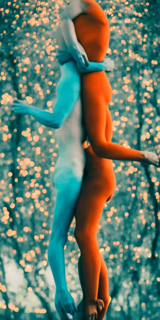 Image similar to a blurry picture of gorgeous human bodies intertwined, long exposure photograph, anamorphic bokeh, orange and cyan lighting