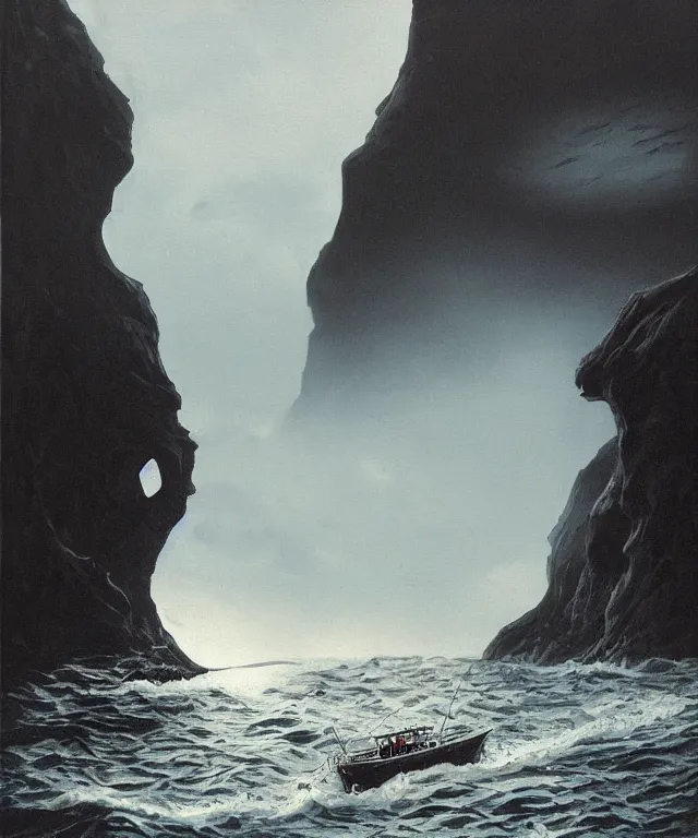 Prompt: photorealistic painting of a 1 9 2 5 seiner sailing near a short tropical cliff with the mouth of a sea cave at the waterline, dark, brooding, atmospheric, lovecraft, horror, smooth, epic, highly detailed, cinematic, by lee gibbons