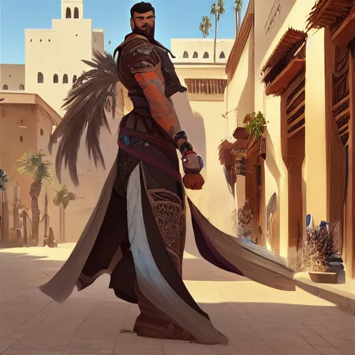 Image similar to hanzo from overwatch travels in marrakech streets, morocco, palm trees, mosque, highly detailed, digital painting, artstation, concept art, smooth, sharp focus, illustration, art by artgerm and greg rutkowski and alphonse mucha